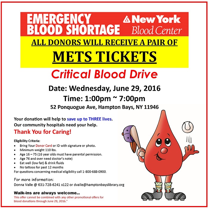 Free Mets Tickets! Emergency Blood Drive